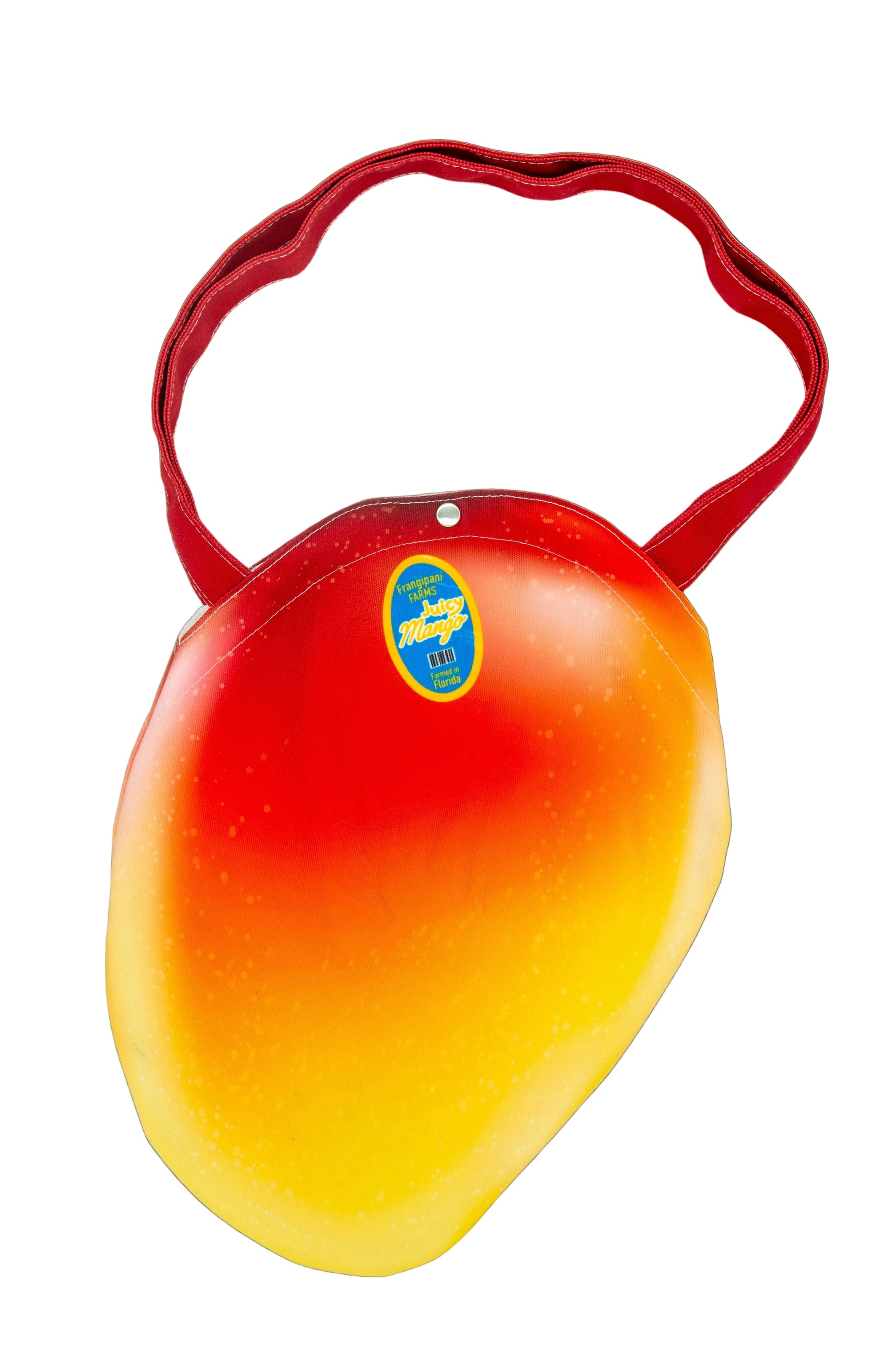 Red and yellow mango shaped tote bag, with blue sticker label visible on the front
